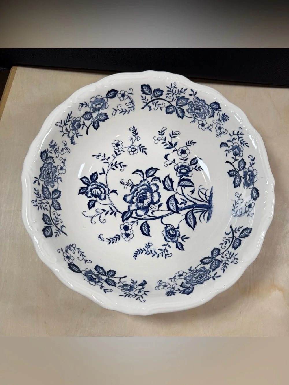 Vintage Blue Peony Hand-Painted 13” Serving Bowl Japan, Cream & Blue